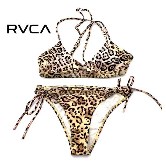 RVCA Other - RVCA Swimsuit Leopard Print 2pc Bikini Mesh Trim String Ties Small Bottom & Top